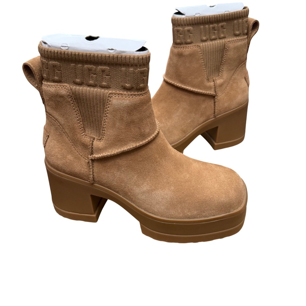 UGG Moxy Chelsea Women 7.5 Chestnut Suede Platform‎ Block Heel Boot 1173724 NEW